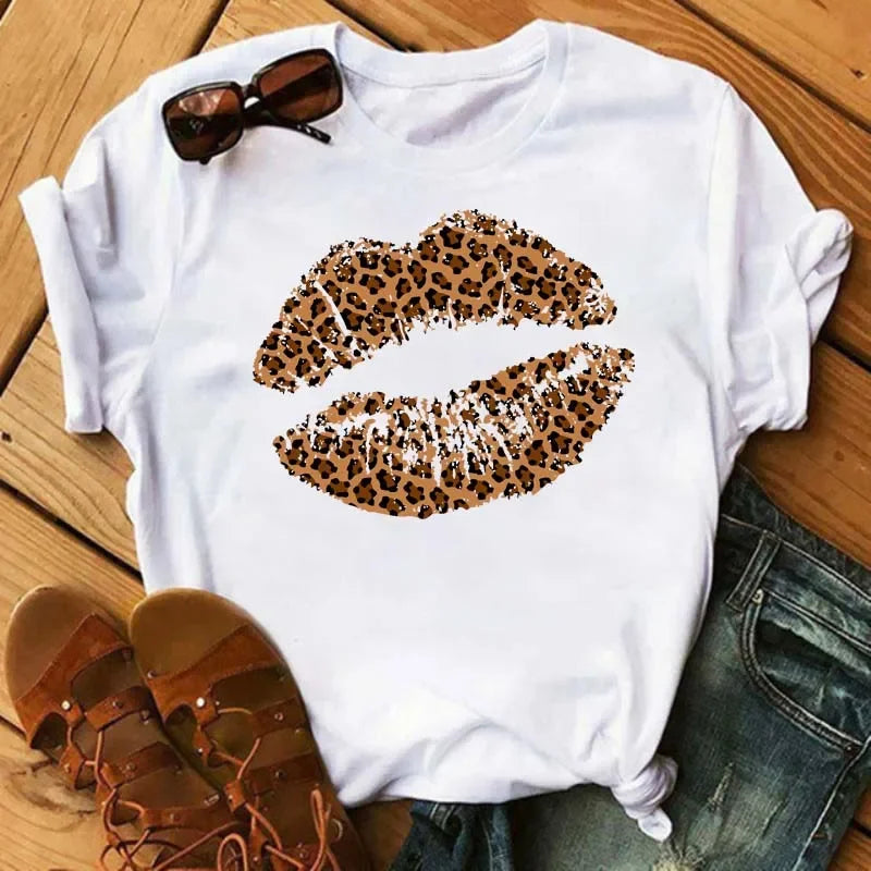 Women's Leopard Lips Graphic T-Shirt - Sexy Pink Kiss Print O-Neck Casual Tee Funny Animal Print Top