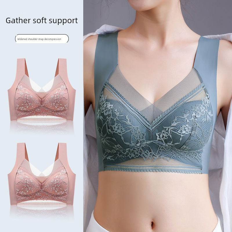 Wireless Push Up Lace Bra for Women - Seamless Beautiful Back Vest with Wide Straps No Underwire Comfort Lift