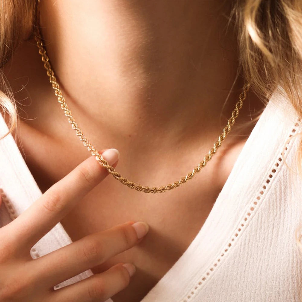 Gold Stainless Steel Rope Chain Necklace - Waterproof Never Fade Choker for Men & Women - 3mm/4mm Widths