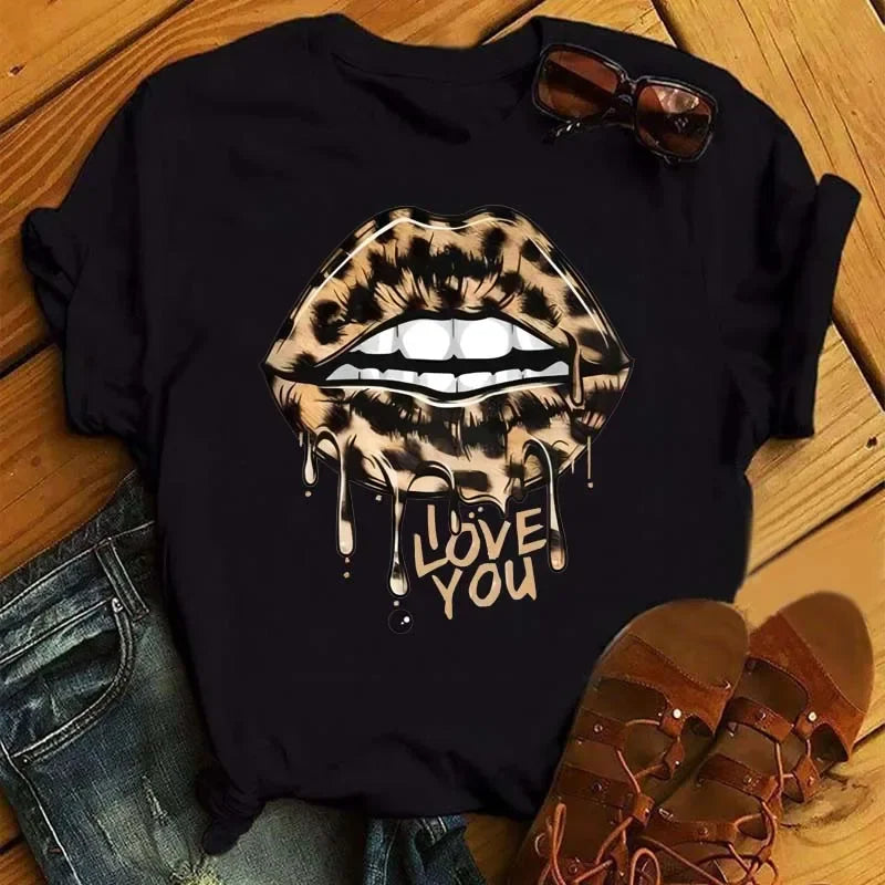 Women's Leopard Lips Graphic T-Shirt - Sexy Pink Kiss Print O-Neck Casual Tee Funny Animal Print Top