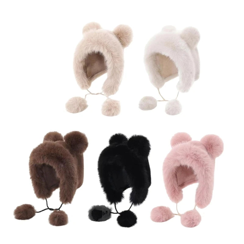 Women's Cute White Furry Bear Ear Hat Plush Winter Warm Ski Cycling Beanie