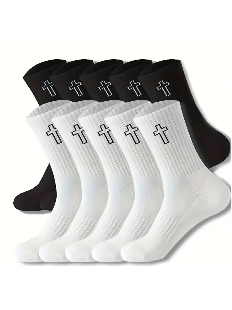 5/10 Pack Men's High-Cut Breathable Sports Socks – Unisex Mid-Calf Casual Black/White