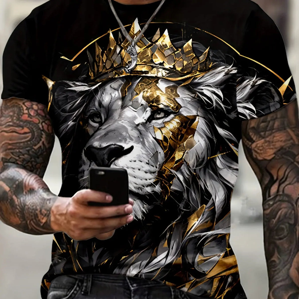 Breathable Polyester Blend,Casual & Elegant Men's Lion Crown Graphic Tee - Regal Charm Plus Size Short Sleeve Crew Neck T-Shirt