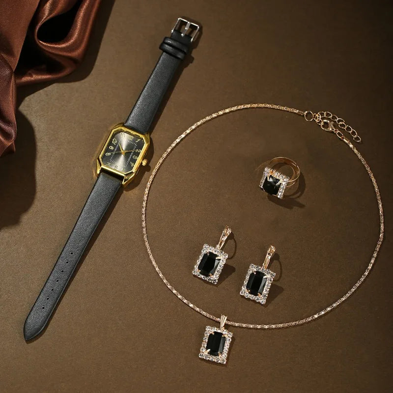 6/5/1 PCS Luxury Fashion Square Women’s Watches for Ladies Quartz Wrist Watch with Bracelet Jewelry Set Classic Minimalist Rhinestone Diamond Analog Dress Watch Relógios Feminino Gift Box