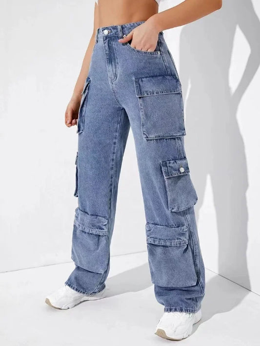 Women's High Waist Cargo Jeans - Retro Washed Denim Flap Pocket Baggy Streetwear Hip Hop Chic Pants Trendy American Style