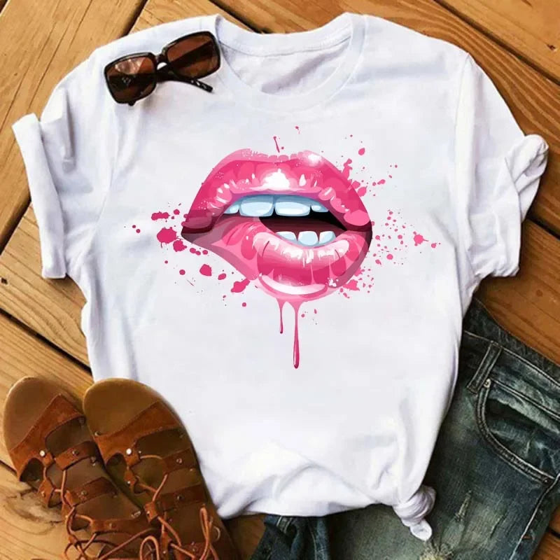 Women's Leopard Lips Graphic T-Shirt - Sexy Pink Kiss Print O-Neck Casual Tee Funny Animal Print Top