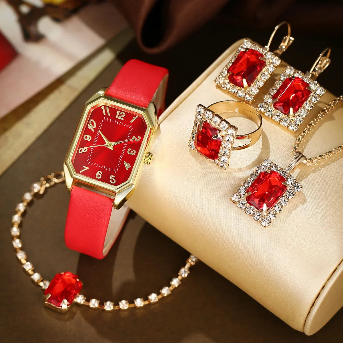 6/5/1 PCS Luxury Fashion Square Women’s Watches for Ladies Quartz Wrist Watch with Bracelet Jewelry Set Classic Minimalist Rhinestone Diamond Analog Dress Watch Relógios Feminino Gift Box