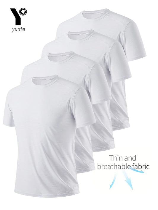 4-Pack Men's White Quick-Dry T-Shirts – Ultra-Light Breathable Gym & Running Performance Tees – Round Neck
