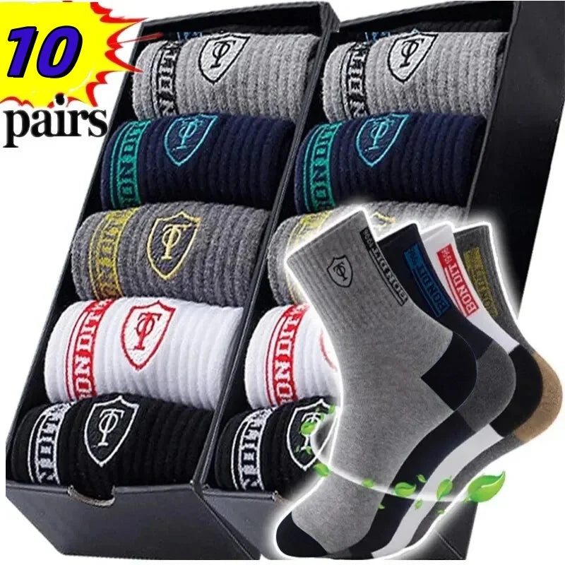 10 Pairs Men's Bamboo Fiber Socks – Breathable Deodorant Cotton Business Crew Socks