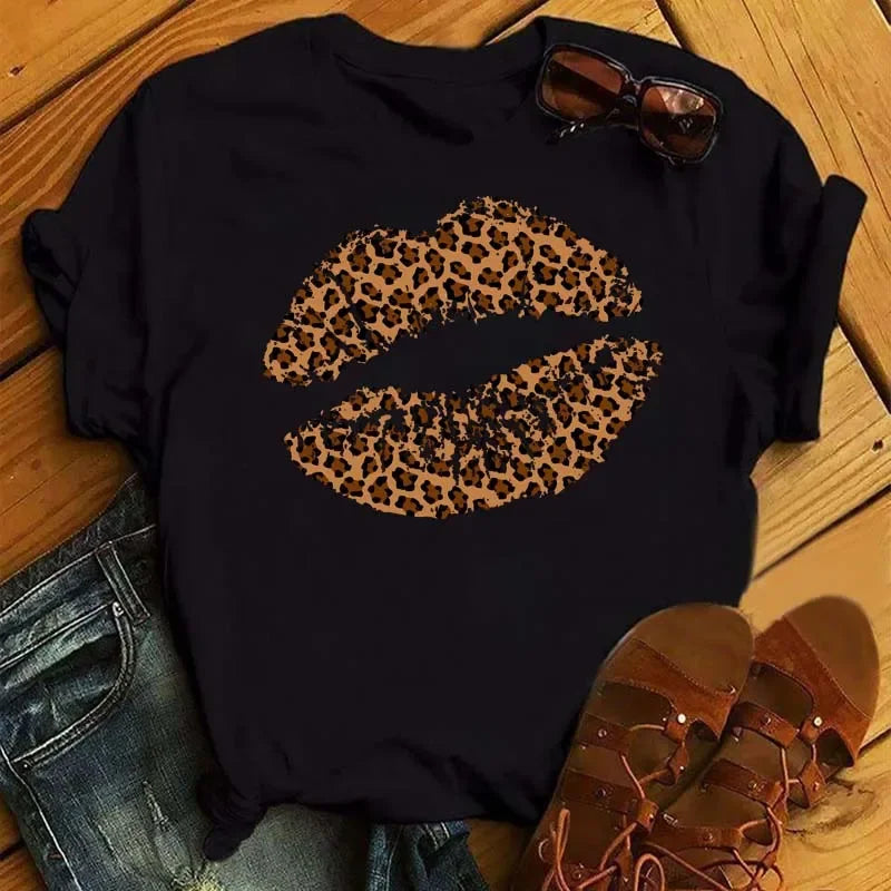 Women's Leopard Lips Graphic T-Shirt - Sexy Pink Kiss Print O-Neck Casual Tee Funny Animal Print Top