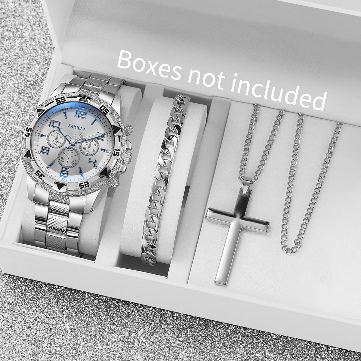 Luxury 3PCS Men's Quartz Watch Set with Necklace & Bracelet | Large Dial Business Reloj Hombre Gift (No Box)