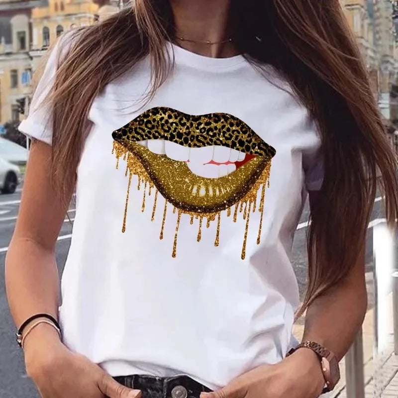 Women's Leopard Lips Graphic T-Shirt - Sexy Pink Kiss Print O-Neck Casual Tee Funny Animal Print Top