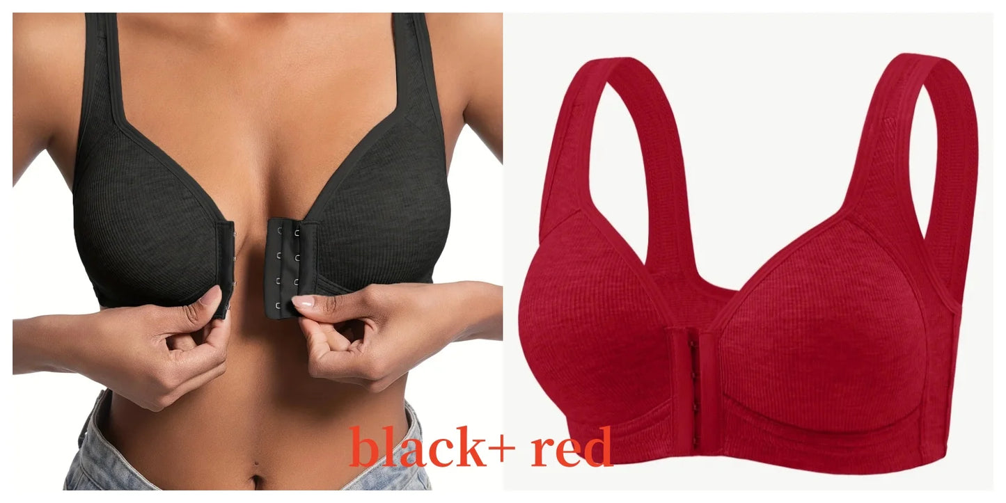 Women's Bra Wire-Free Front Closure Solid Color Full Coverage Fixed Cups More Considerate for Middle-Aged And Elderly Individual