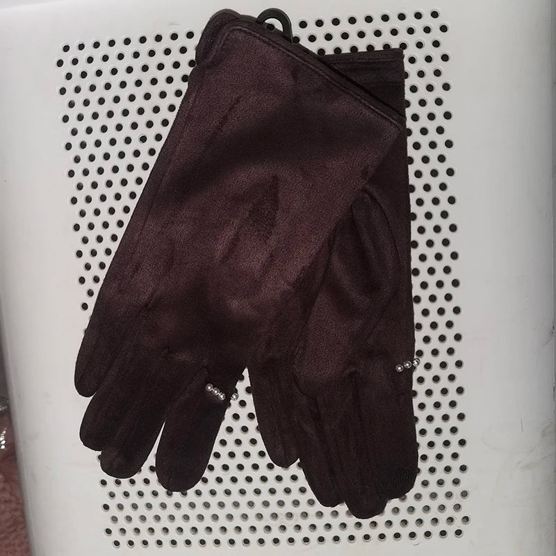 Women's Winter Suede Leather Touchscreen Gloves - Warm Thicken Velvet Lined Full Finger Pearl Decor Windproof Driving Cycling Mittens