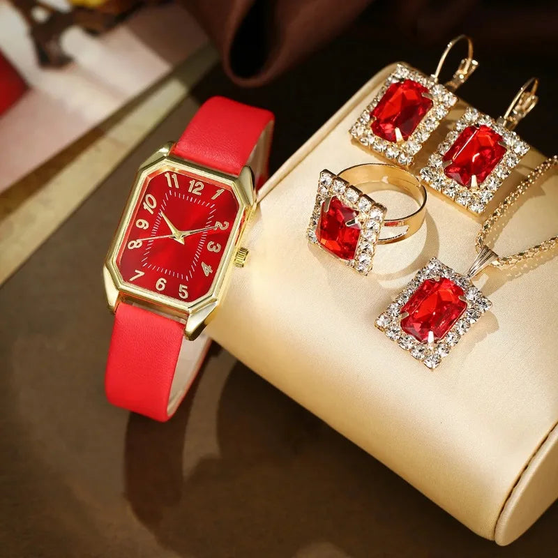 6/5/1 PCS Luxury Fashion Square Women’s Watches for Ladies Quartz Wrist Watch with Bracelet Jewelry Set Classic Minimalist Rhinestone Diamond Analog Dress Watch Relógios Feminino Gift Box
