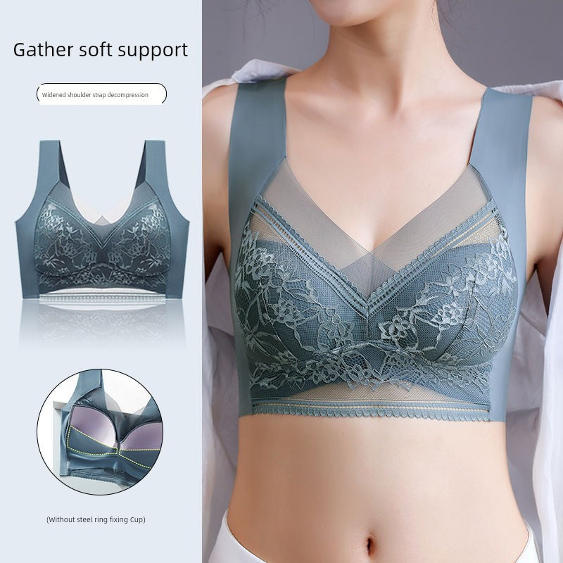 Wireless Push Up Lace Bra for Women - Seamless Beautiful Back Vest with Wide Straps No Underwire Comfort Lift