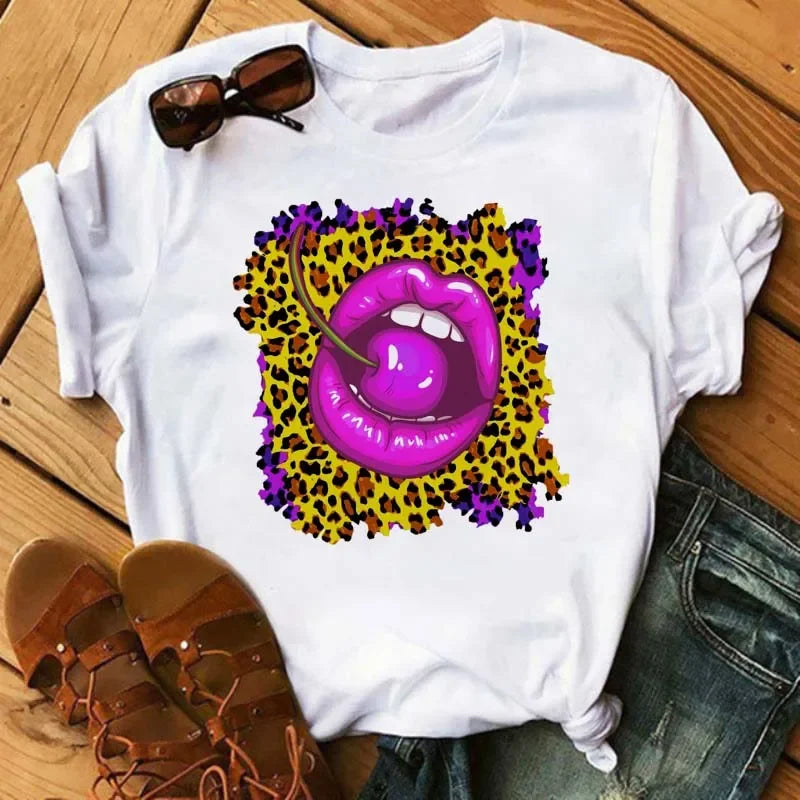 Women's Leopard Lips Graphic T-Shirt - Sexy Pink Kiss Print O-Neck Casual Tee Funny Animal Print Top