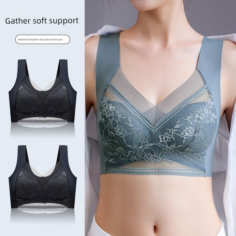 Wireless Push Up Lace Bra for Women - Seamless Beautiful Back Vest with Wide Straps No Underwire Comfort Lift