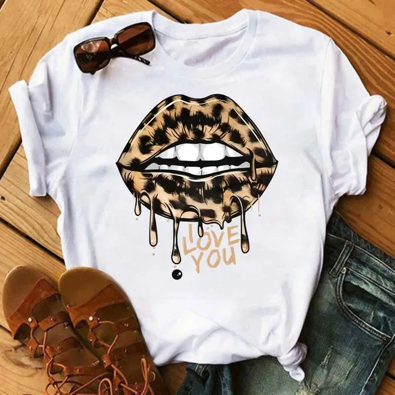 Women's Leopard Lips Graphic T-Shirt - Sexy Pink Kiss Print O-Neck Casual Tee Funny Animal Print Top