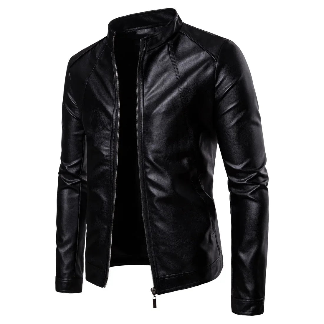 Men's Stand-Up Collar Washed PU Leather Motorcycle Jacket - Vintage Biker Style Zip-Up Coat