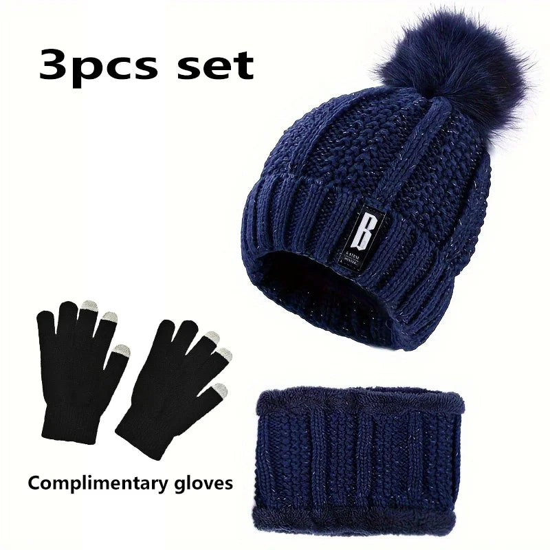 2/3 Piece Women's Winter Hat Scarf Gloves Set Thick Plush Knit Warm Windproof