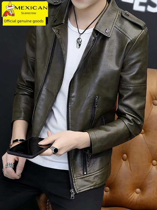 Men's Genuine Leather Jacket Korean Slim Fit Spring Autumn Thick Velvet-Lined Leather Coat Trendy Biker Moto Jacket"