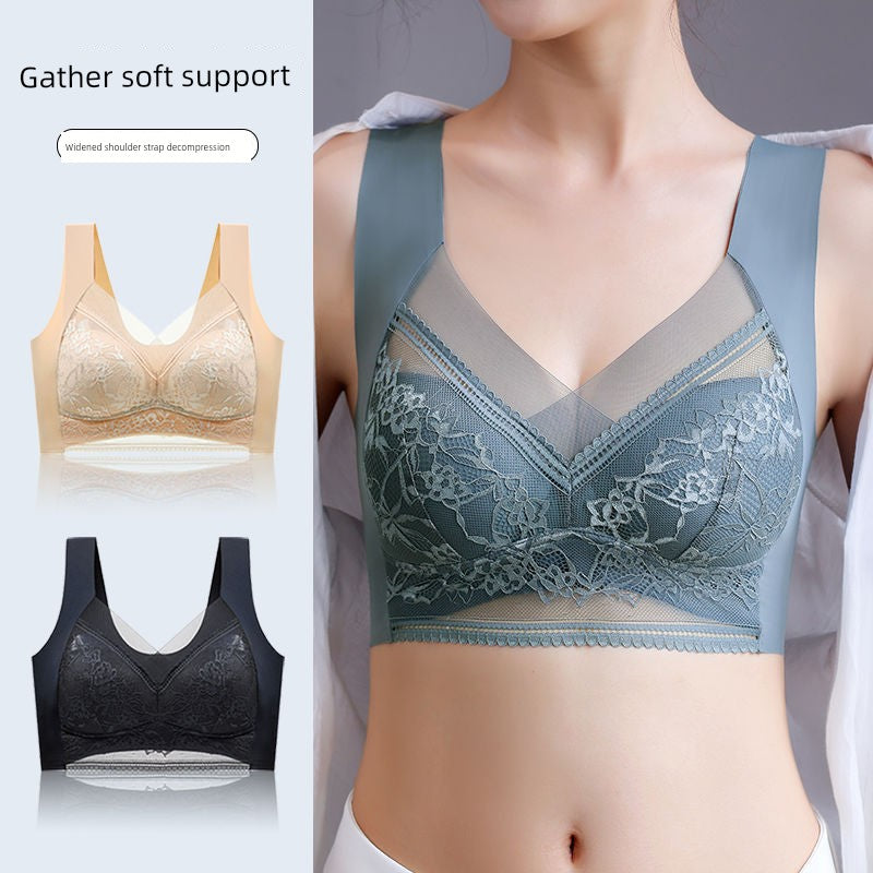 Wireless Push Up Lace Bra for Women - Seamless Beautiful Back Vest with Wide Straps No Underwire Comfort Lift
