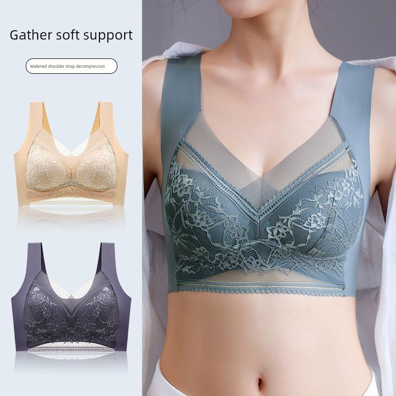 Wireless Push Up Lace Bra for Women - Seamless Beautiful Back Vest with Wide Straps No Underwire Comfort Lift