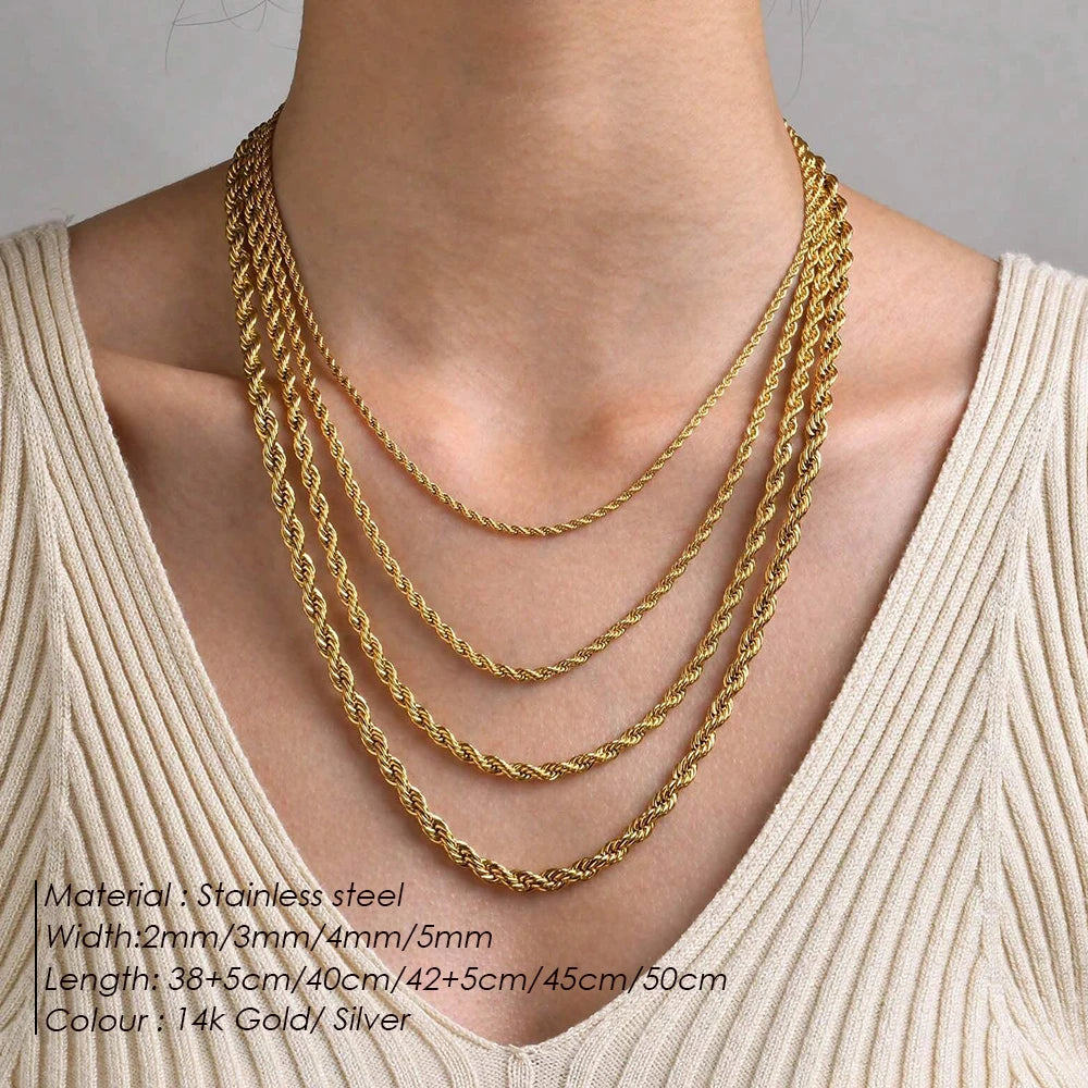 Gold Stainless Steel Rope Chain Necklace - Waterproof Never Fade Choker for Men & Women - 3mm/4mm Widths