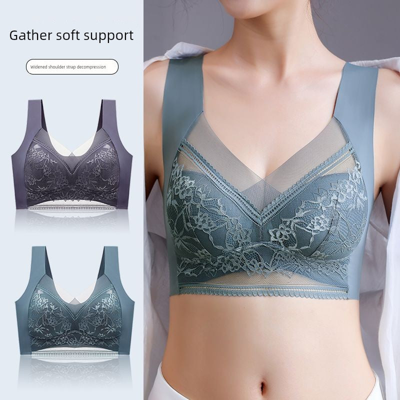 Wireless Push Up Lace Bra for Women - Seamless Beautiful Back Vest with Wide Straps No Underwire Comfort Lift