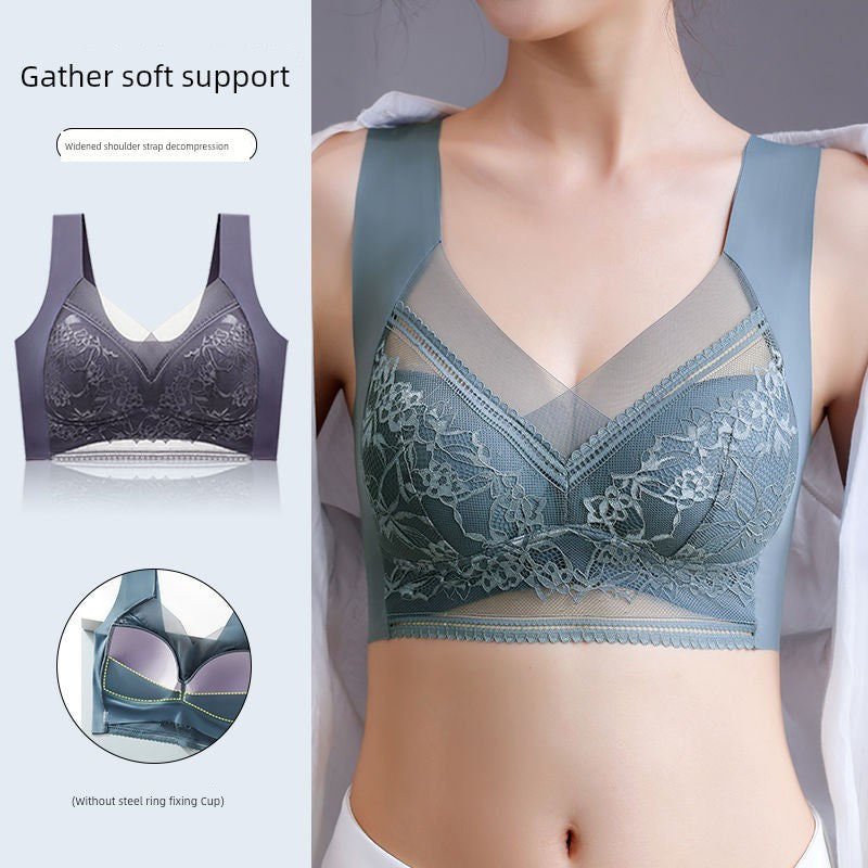Wireless Push Up Lace Bra for Women - Seamless Beautiful Back Vest with Wide Straps No Underwire Comfort Lift