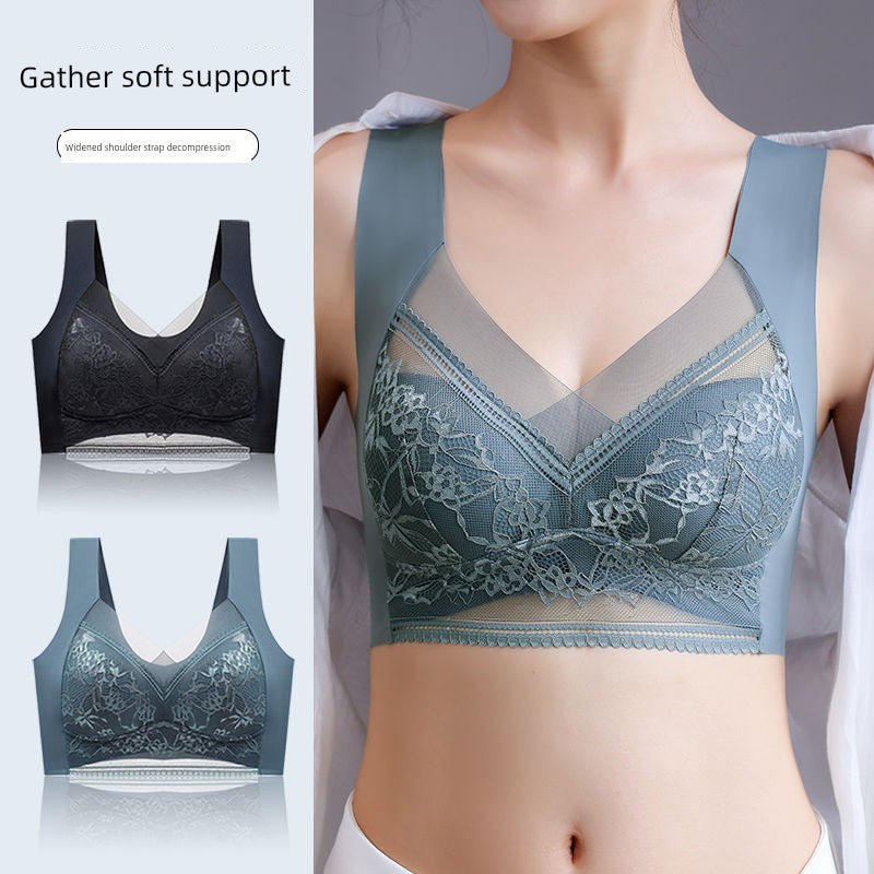 Wireless Push Up Lace Bra for Women - Seamless Beautiful Back Vest with Wide Straps No Underwire Comfort Lift