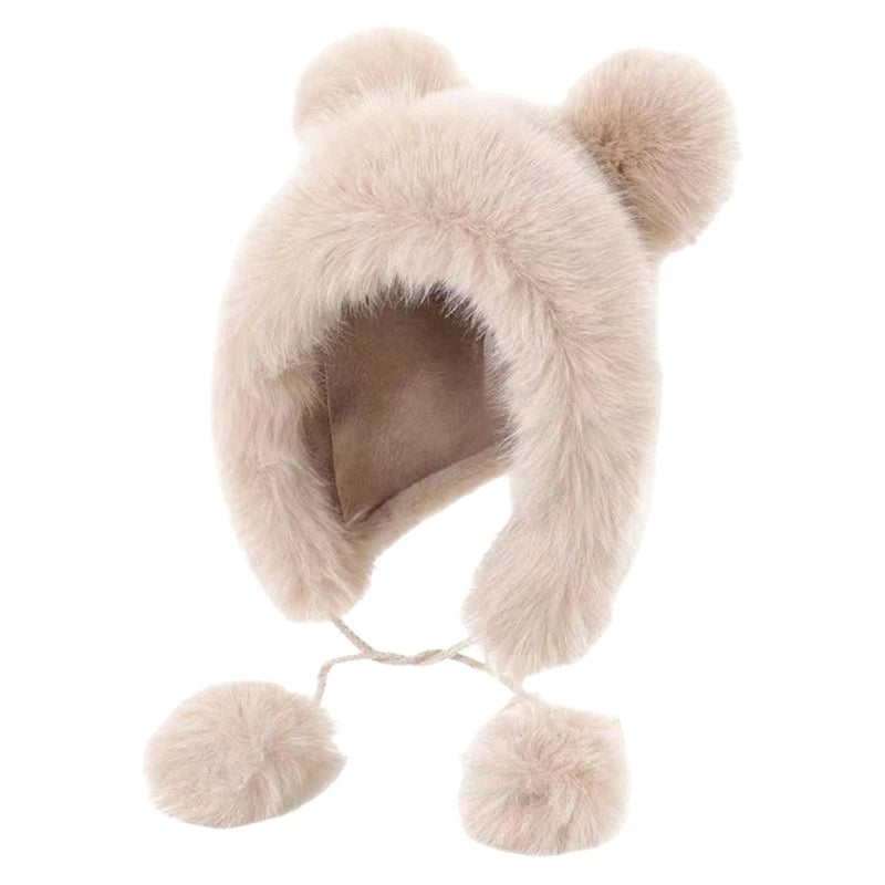 Women's Cute White Furry Bear Ear Hat Plush Winter Warm Ski Cycling Beanie