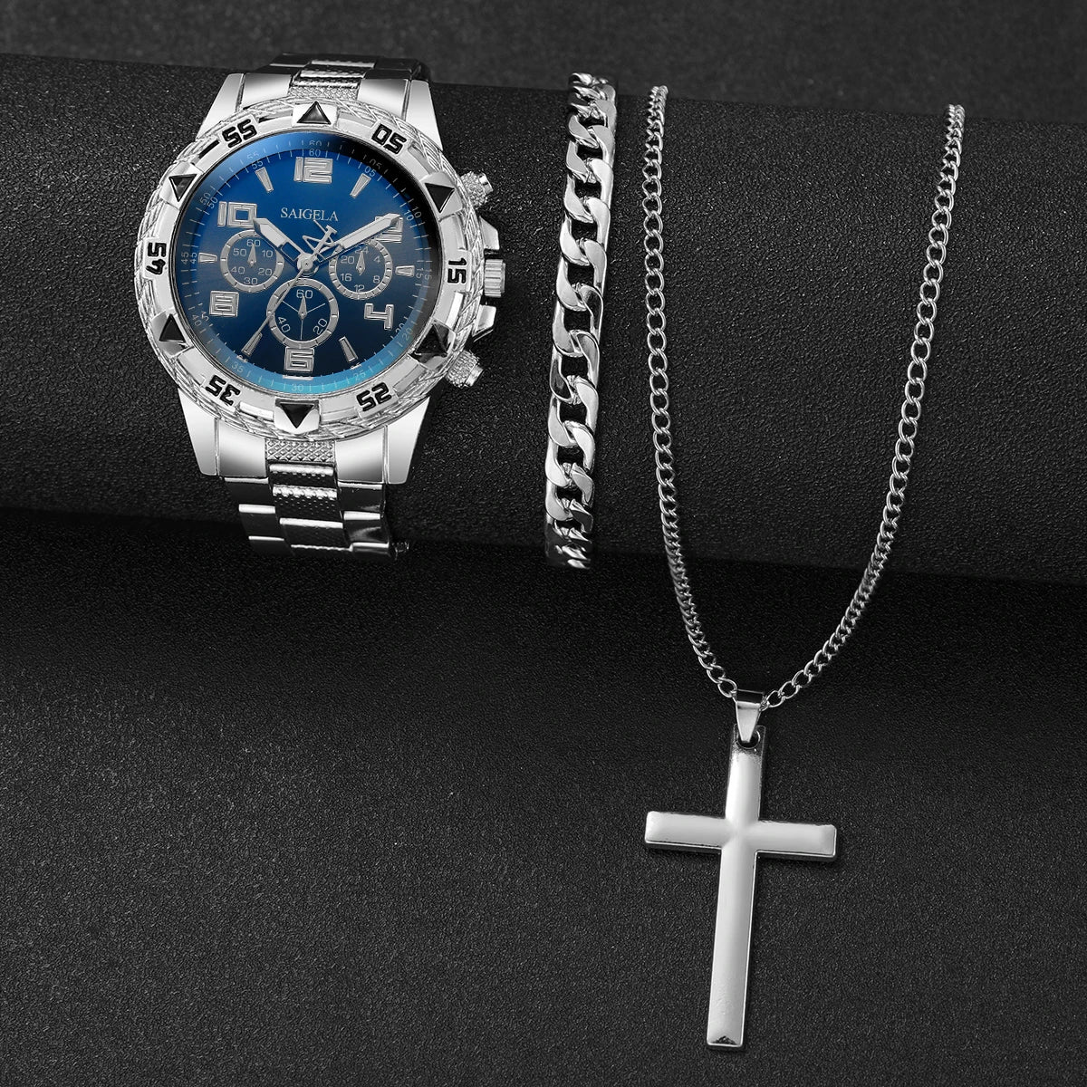 Luxury 3PCS Men's Quartz Watch Set with Necklace & Bracelet | Large Dial Business Reloj Hombre Gift (No Box)