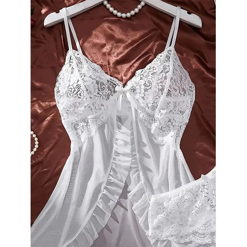 Plus Size White Sheer Tulle Babydoll Lingerie Set - Halter Nightgown with Panties Sexy Curve Chemise
