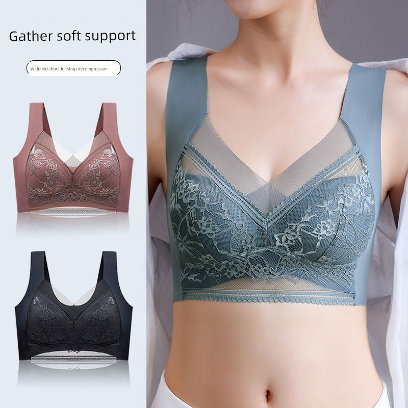 Wireless Push Up Lace Bra for Women - Seamless Beautiful Back Vest with Wide Straps No Underwire Comfort Lift
