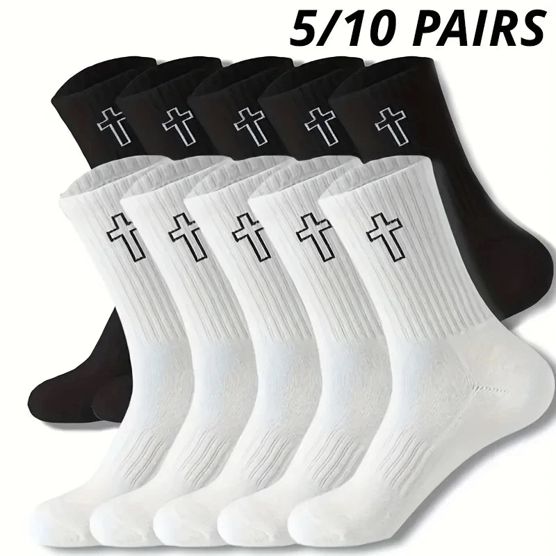 5/10 Pack Men's High-Cut Breathable Sports Socks – Unisex Mid-Calf Casual Black/White