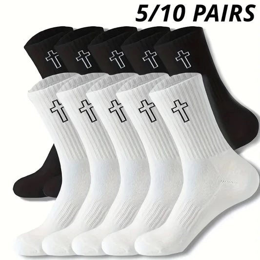 5/10 Pack Men's High-Cut Breathable Sports Socks – Unisex Mid-Calf Casual Black/White
