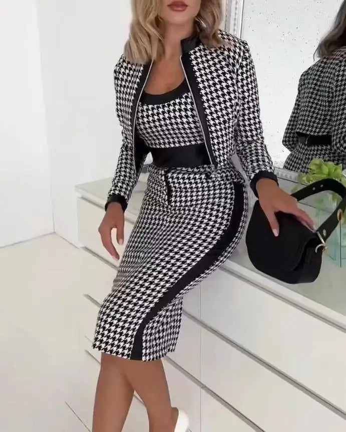 Women's 3-Piece Printed Skirt Set - Elegant Long Sleeve Jacket, Vest & Slim Fit Skirt OL Office Lady Spring/Autumn Outfit