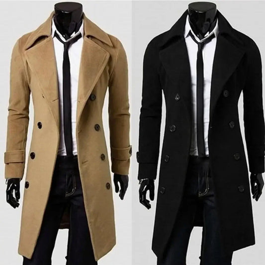 Men's Double-Breasted Simple Trench Coat - Pure Color Coldproof Wool Blend Overcoat Jacket