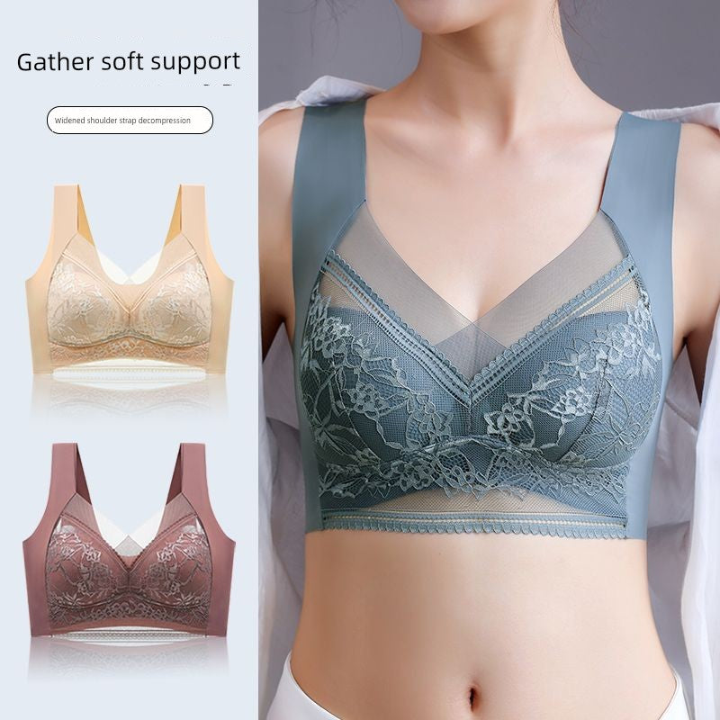 Wireless Push Up Lace Bra for Women - Seamless Beautiful Back Vest with Wide Straps No Underwire Comfort Lift