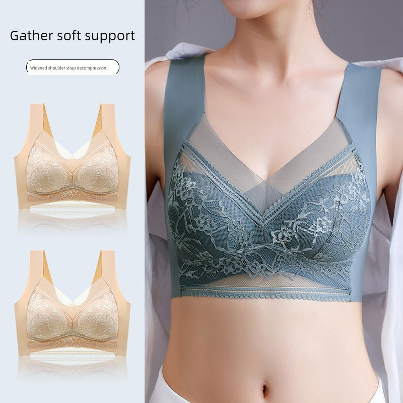 Wireless Push Up Lace Bra for Women - Seamless Beautiful Back Vest with Wide Straps No Underwire Comfort Lift