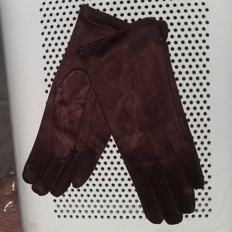 Women's Winter Suede Leather Touchscreen Gloves - Warm Thicken Velvet Lined Full Finger Pearl Decor Windproof Driving Cycling Mittens