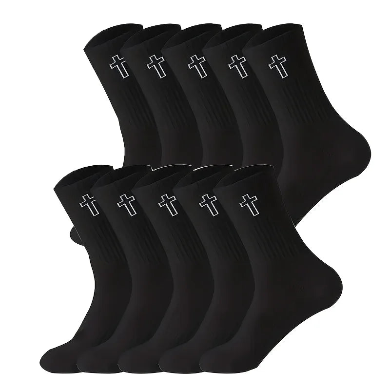 5/10 Pack Men's High-Cut Breathable Sports Socks – Unisex Mid-Calf Casual Black/White