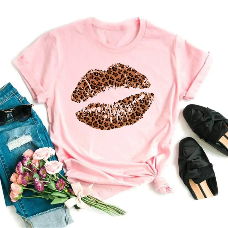 Women's Leopard Lips Graphic T-Shirt - Sexy Pink Kiss Print O-Neck Casual Tee Funny Animal Print Top