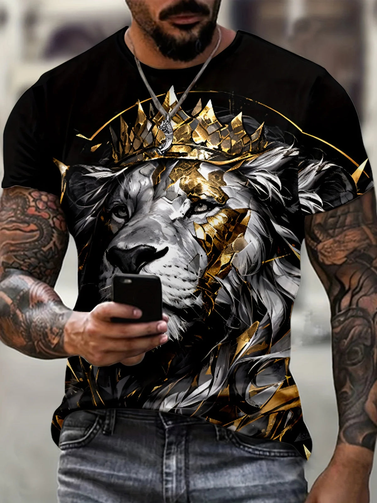 Breathable Polyester Blend,Casual & Elegant Men's Lion Crown Graphic Tee - Regal Charm Plus Size Short Sleeve Crew Neck T-Shirt