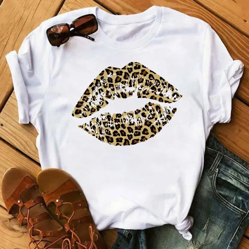 Women's Leopard Lips Graphic T-Shirt - Sexy Pink Kiss Print O-Neck Casual Tee Funny Animal Print Top