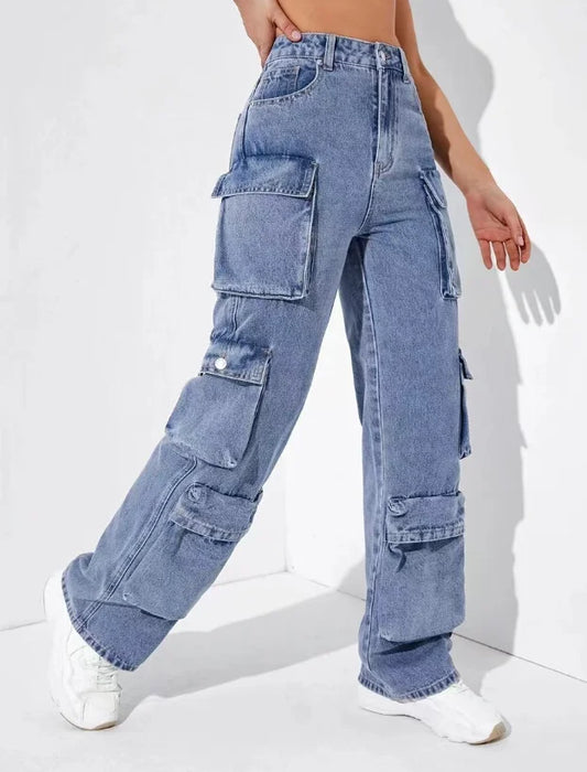 Women's High Waist Cargo Jeans - Retro Washed Denim Flap Pocket Baggy Streetwear Hip Hop Chic Pants Trendy American Style