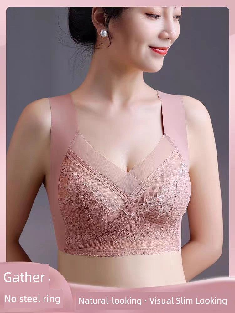 Wireless Push Up Lace Bra for Women - Seamless Beautiful Back Vest with Wide Straps No Underwire Comfort Lift