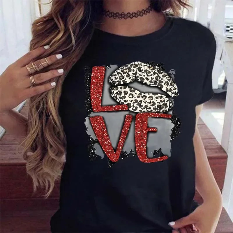 Women's Leopard Lips Graphic T-Shirt - Sexy Pink Kiss Print O-Neck Casual Tee Funny Animal Print Top